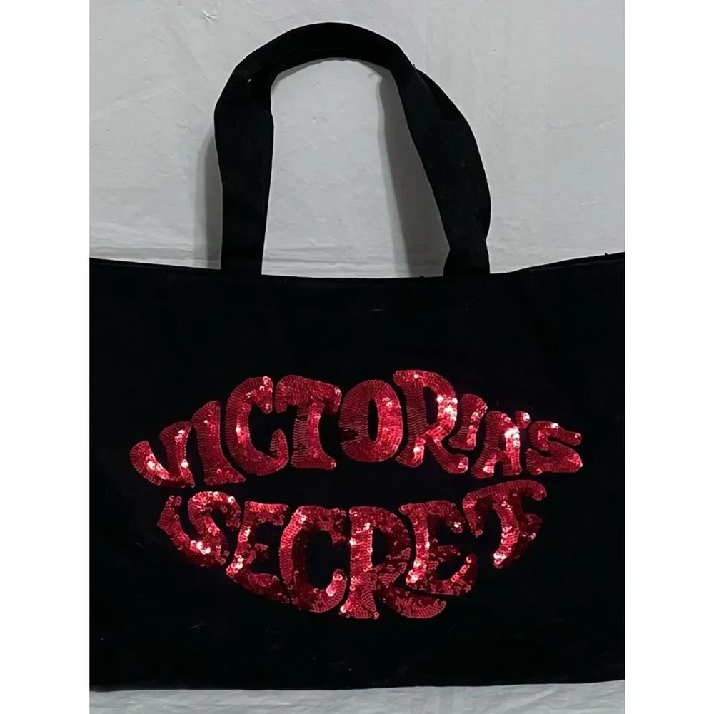 Victoria's Secret Black Canvas Tote Bag with Red Sequin Lips